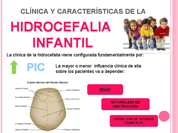 CLÍNICA Y CARACTERÍSTICAS DE LA HIDROCEFALIA INFANTIL La clínica de la hidrocefalia viene configurada