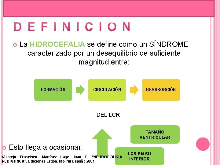  La HIDROCEFALIA se define como un SÍNDROME caracterizado por un desequilibrio de suficiente