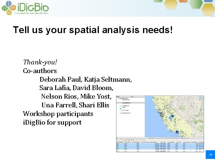 Tell us your spatial analysis needs! Thank-you! Co-authors Deborah Paul, Katja Seltmann, Sara Lafia, Tell us your spatial analysis needs! Thank-you! Co-authors Deborah Paul, Katja Seltmann, Sara Lafia,