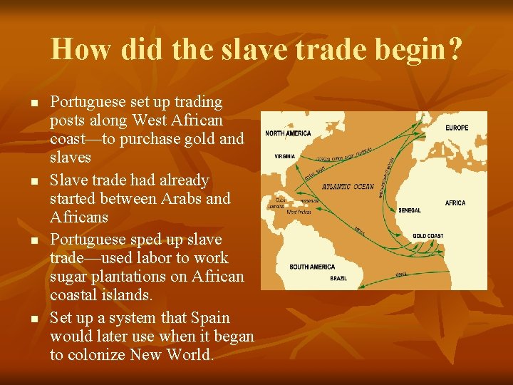 How did the slave trade begin? n n Portuguese set up trading posts along