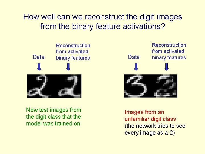How well can we reconstruct the digit images from the binary feature activations? Data