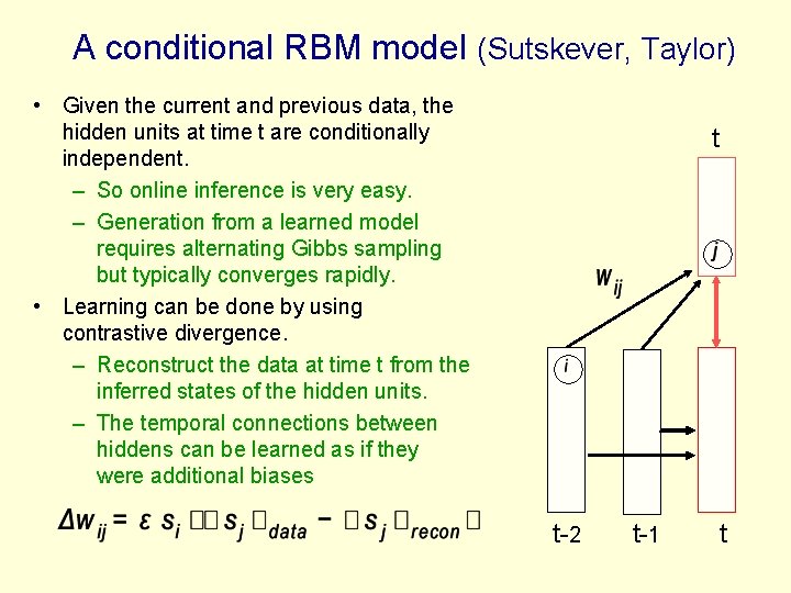 A conditional RBM model (Sutskever, Taylor) • Given the current and previous data, the