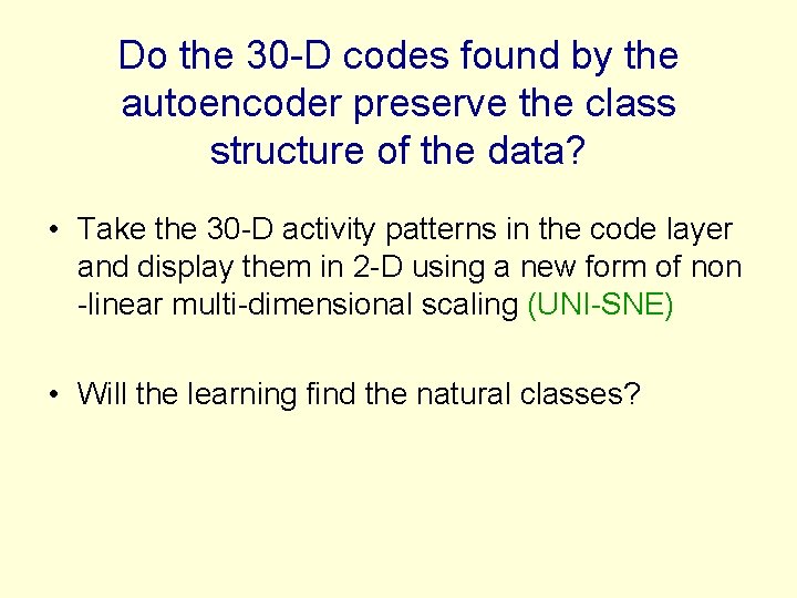Do the 30 -D codes found by the autoencoder preserve the class structure of
