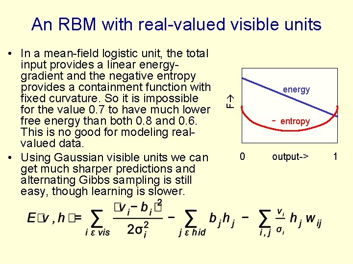 An RBM with real-valued visible units energy F • In a mean-field logistic unit,