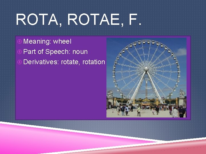 ROTA, ROTAE, F. Meaning: wheel Part of Speech: noun Derivatives: rotate, rotation 