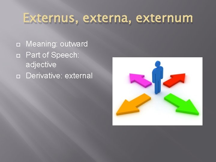Externus, externa, externum Meaning: outward Part of Speech: adjective Derivative: external 