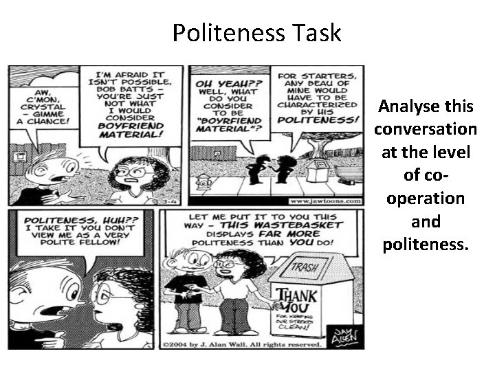 Politeness Task Analyse this conversation at the level of cooperation and politeness. 
