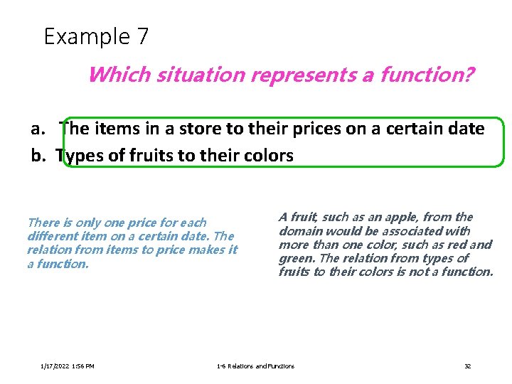 Example 7 Which situation represents a function? a. The items in a store to