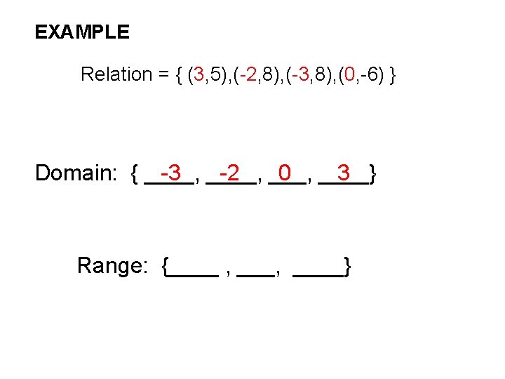 EXAMPLE Relation = { (3, 5), (-2, 8), (-3, 8), (0, -6) } -3