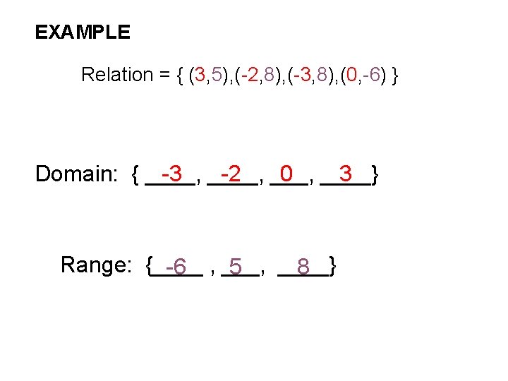 EXAMPLE Relation = { (3, 5), (-2, 8), (-3, 8), (0, -6) } -3