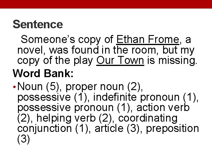 Sentence Someone’s copy of Ethan Frome, a novel, was found in the room, but