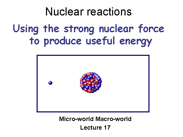 Nuclear reactions Using the strong nuclear force to produce useful energy Micro-world Macro-world Lecture