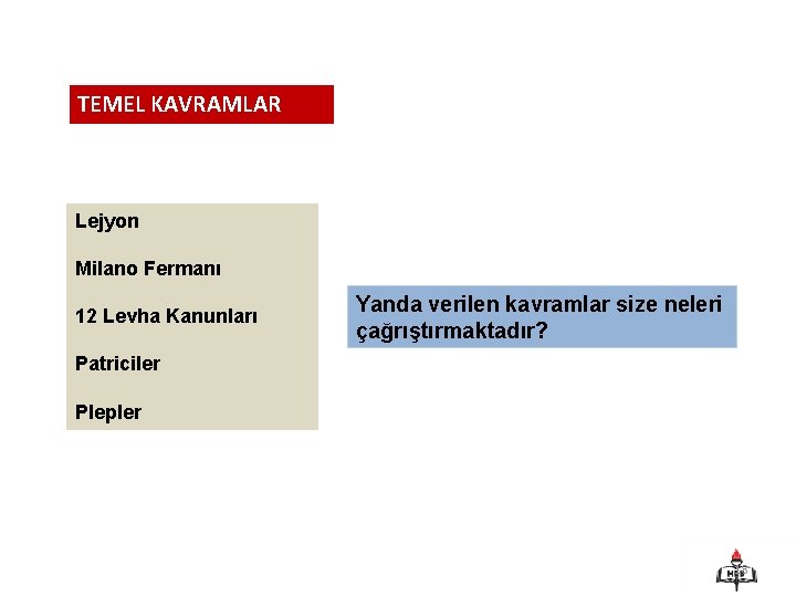 TEMEL KAVRAMLAR Lejyon Milano Fermanı 12 Levha Kanunları Yanda verilen kavramlar size neleri çağrıştırmaktadır?