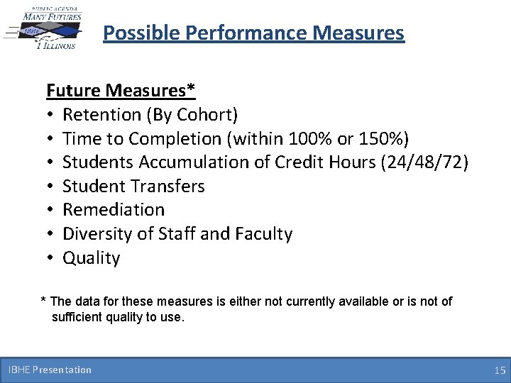 Possible Performance Measures Future Measures* • Retention (By Cohort) • Time to Completion (within