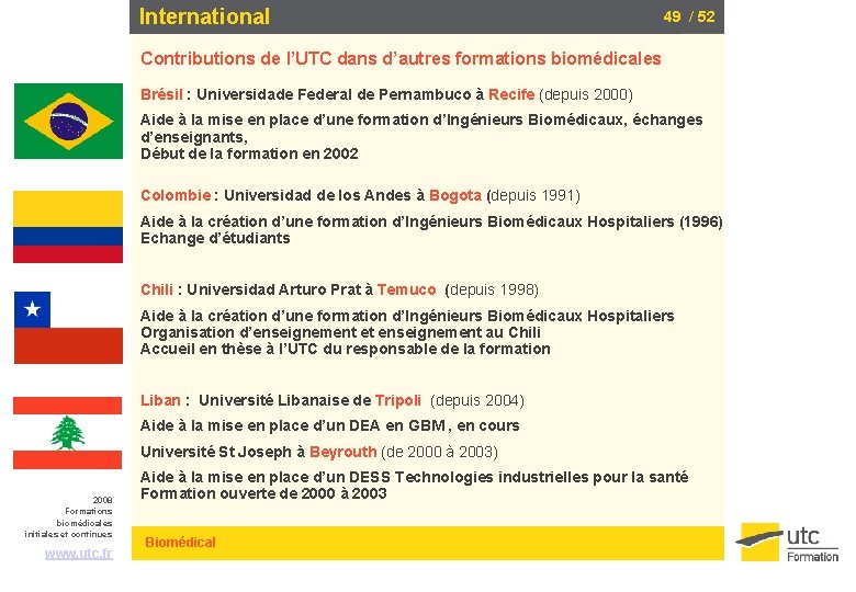 International 49 / 52 Contributions de l’UTC dans d’autres formations biomédicales Brésil : Universidade