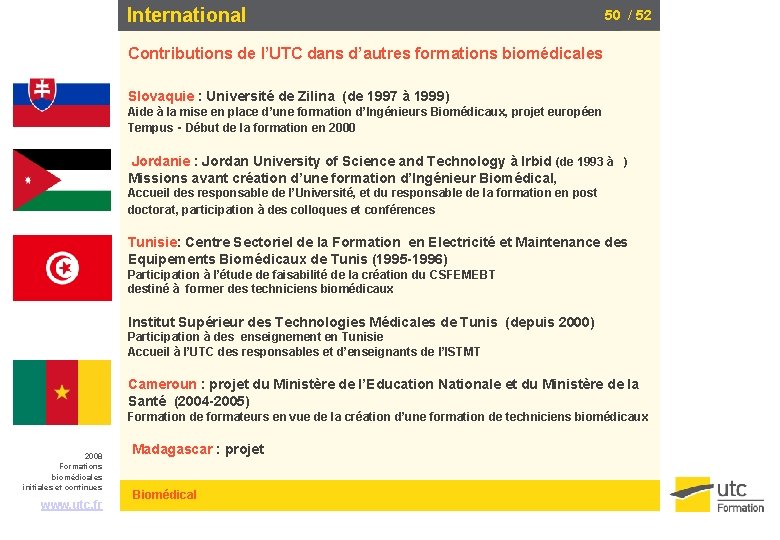 International 50 / 52 Contributions de l’UTC dans d’autres formations biomédicales Slovaquie : Université
