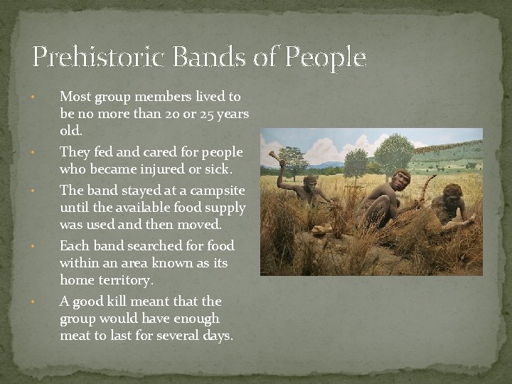 Prehistoric Bands of People • • • Most group members lived to be no