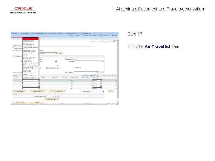 Attaching a Document to a Travel Authorization Step 17 Click the Air Travel list