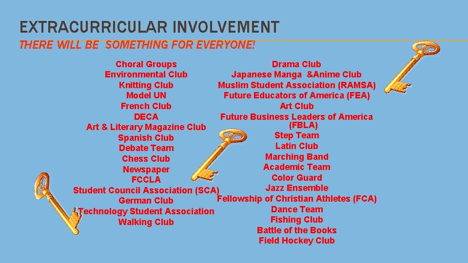 EXTRACURRICULAR INVOLVEMENT THERE WILL BE SOMETHING FOR EVERYONE! Choral Groups Drama Club Environmental Club