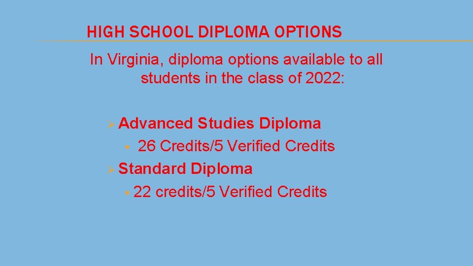 HIGH SCHOOL DIPLOMA OPTIONS In Virginia, diploma options available to all students in the