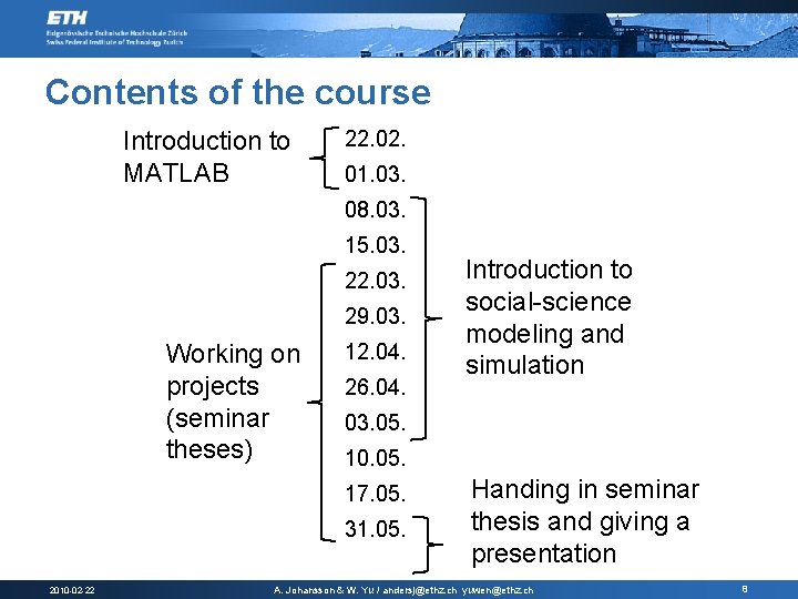 Contents of the course Introduction to MATLAB 22. 01. 03. 08. 03. 15. 03.