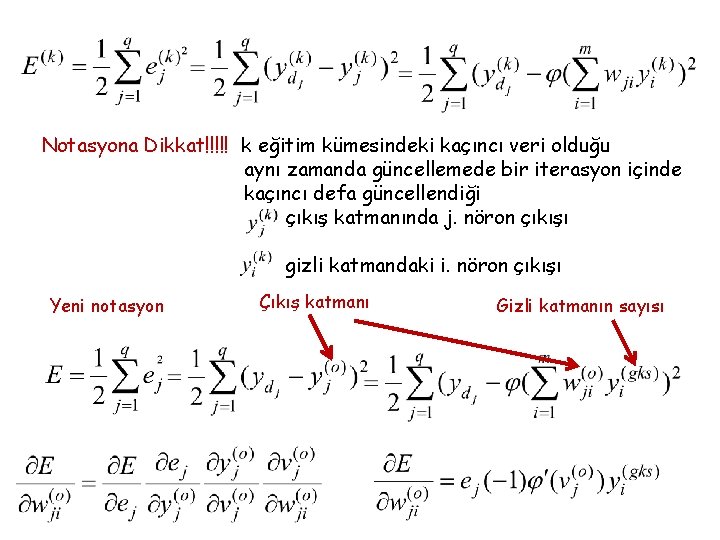 Notasyona Dikkat!!!!! k eğitim kümesindeki kaçıncı veri olduğu aynı zamanda güncellemede bir iterasyon içinde