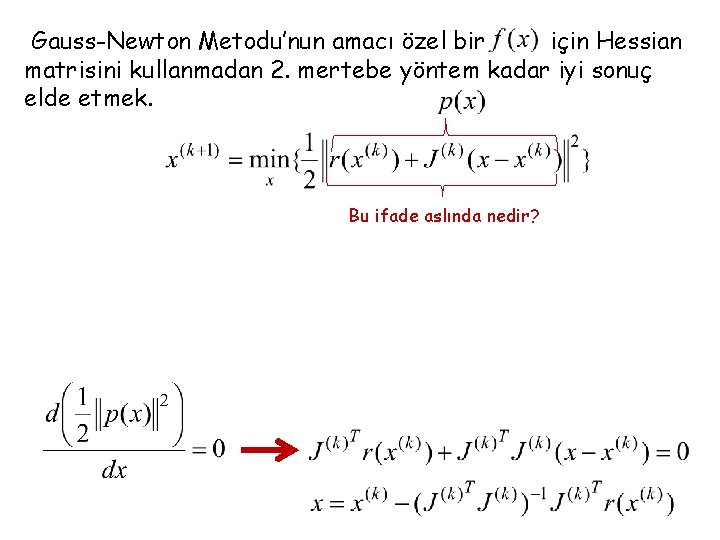 Gauss-Newton Metodu’nun amacı özel bir için Hessian matrisini kullanmadan 2. mertebe yöntem kadar iyi