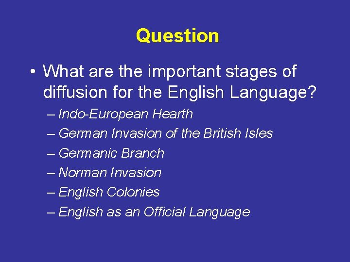 Question • What are the important stages of diffusion for the English Language? –