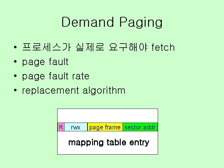 Demand Paging • • 프로세스가 실제로 요구해야 fetch page fault rate replacement algorithm R