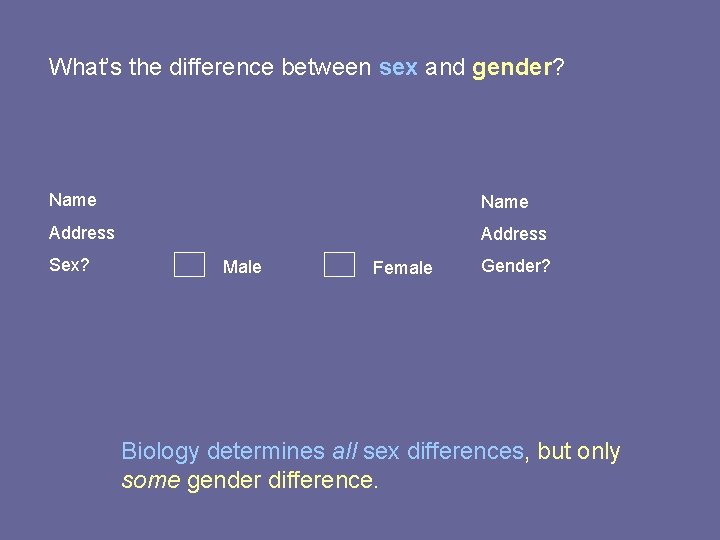 What’s the difference between sex and gender? Name Address Sex? Male Female Gender? Biology