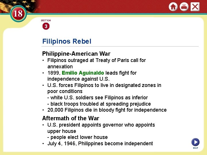 SECTION 3 Filipinos Rebel Philippine-American War • Filipinos outraged at Treaty of Paris call