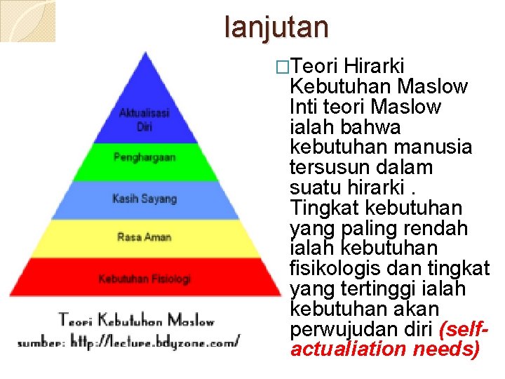 lanjutan �Teori Hirarki Kebutuhan Maslow Inti teori Maslow ialah bahwa kebutuhan manusia tersusun dalam