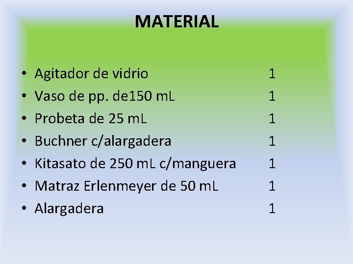 MATERIAL • • Agitador de vidrio Vaso de pp. de 150 m. L Probeta MATERIAL • • Agitador de vidrio Vaso de pp. de 150 m. L Probeta