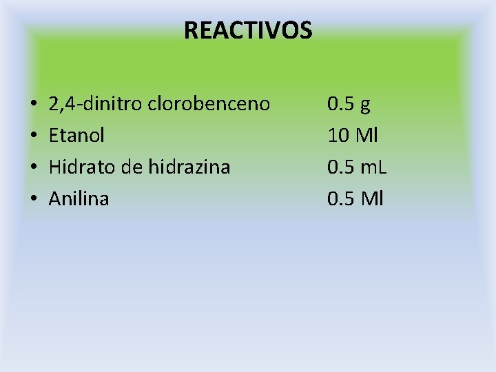REACTIVOS • • 2, 4 -dinitro clorobenceno Etanol Hidrato de hidrazina Anilina 0. 5 REACTIVOS • • 2, 4 -dinitro clorobenceno Etanol Hidrato de hidrazina Anilina 0. 5