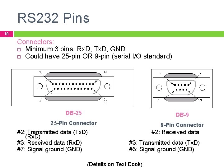 RS 232 Pins 10 Connectors: Minimum 3 pins: Rx. D, Tx. D, GND Could