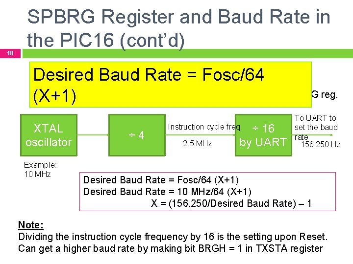 18 SPBRG Register and Baud Rate in the PIC 16 (cont’d) Desired Baud Rate
