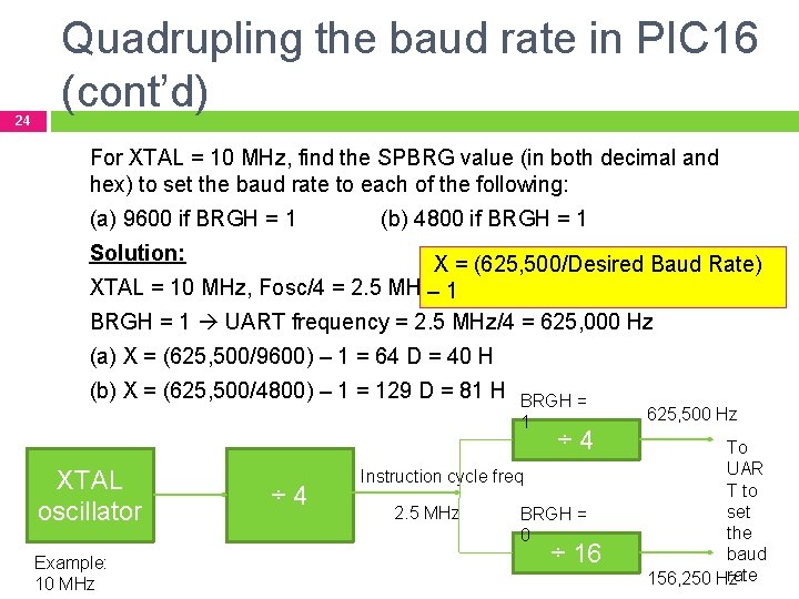 24 Quadrupling the baud rate in PIC 16 (cont’d) For XTAL = 10 MHz,
