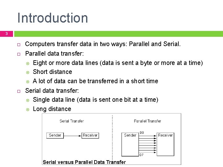 Introduction 3 Computers transfer data in two ways: Parallel and Serial. Parallel data transfer:
