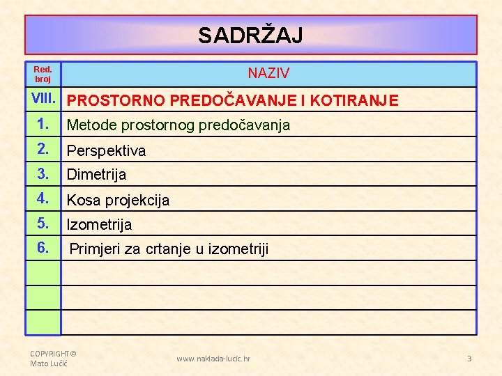 SADRŽAJ Red. broj NAZIV VIII. PROSTORNO PREDOČAVANJE I KOTIRANJE 1. Metode prostornog predočavanja 2.