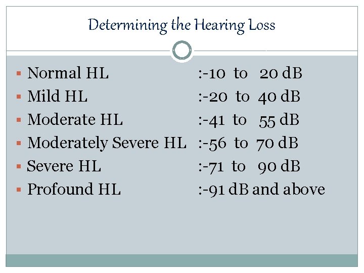 Determining the Hearing Loss § Normal HL : -10 to 20 d. B §