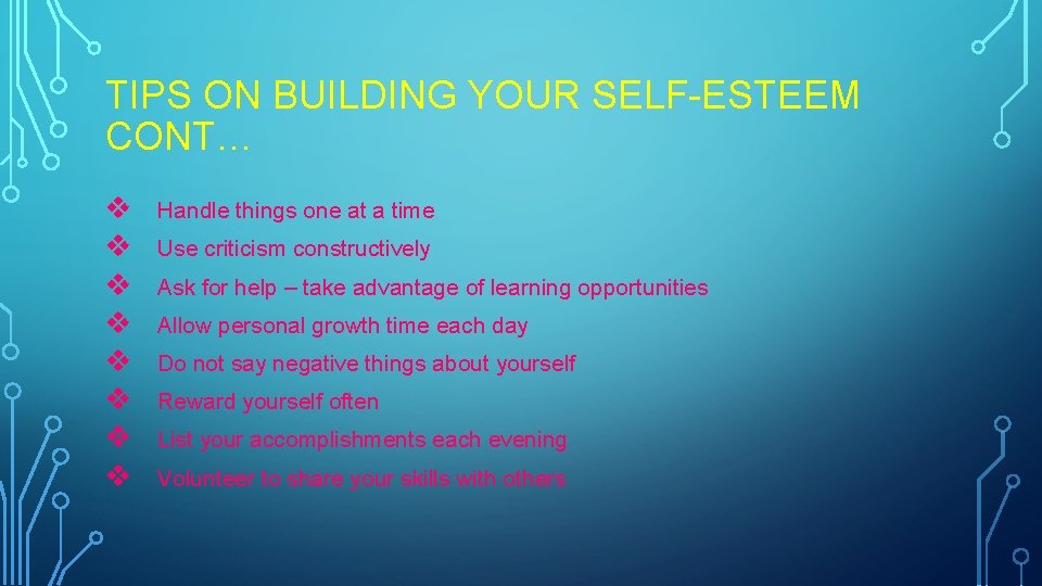 TIPS ON BUILDING YOUR SELF-ESTEEM CONT… v v v v Handle things one at