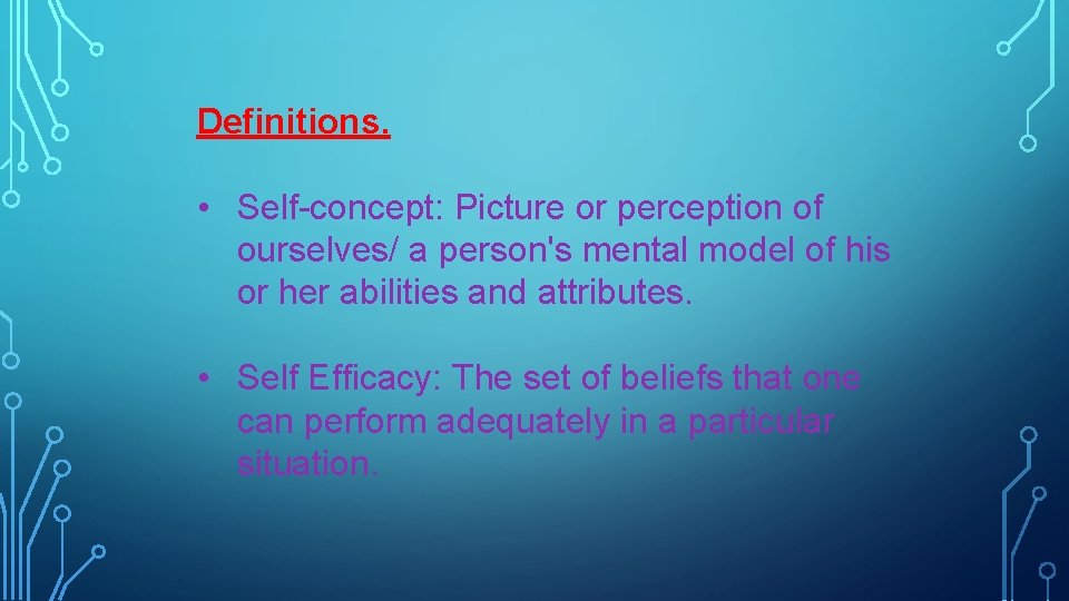 Definitions. • Self-concept: Picture or perception of ourselves/ a person's mental model of his