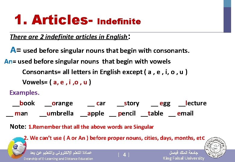 1. Articles- Indefinite There are 2 indefinite articles in English: A= used before singular