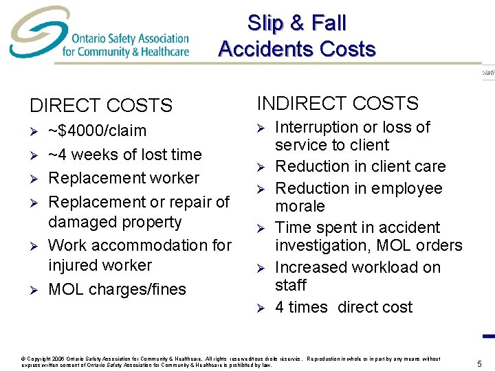 Slip & Fall Accidents Costs Health Care Health & Safety Associati DIRECT COSTS Ø