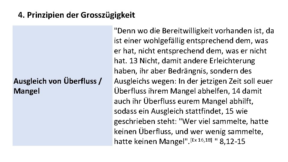 4. Prinzipien der Grosszügigkeit Ausgleich von Überfluss / Mangel "Denn wo die Bereitwilligkeit vorhanden