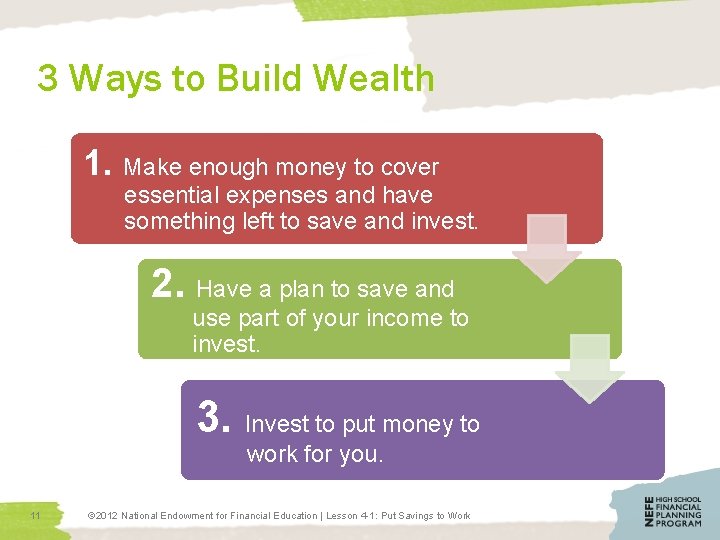 3 Ways to Build Wealth 1. Make enough money to cover essential expenses and