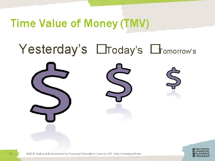 Time Value of Money (TMV) Yesterday’s �Tomorrow’s 24 © 2012 National Endowment for Financial