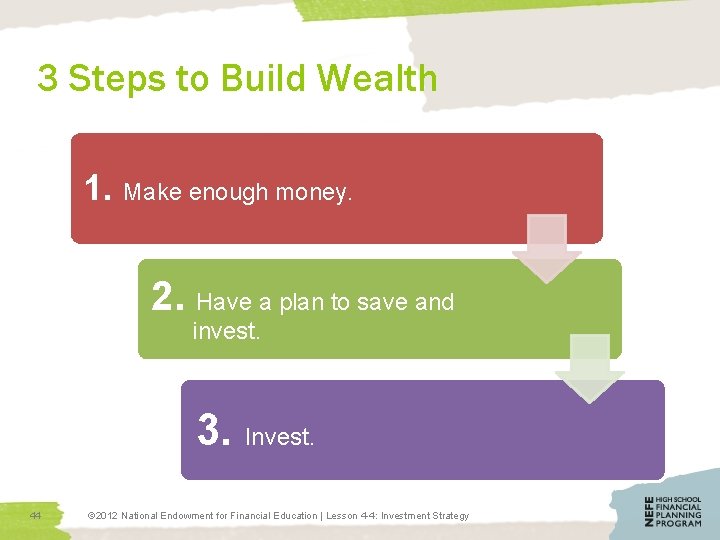 3 Steps to Build Wealth 1. Make enough money. 2. Have a plan to