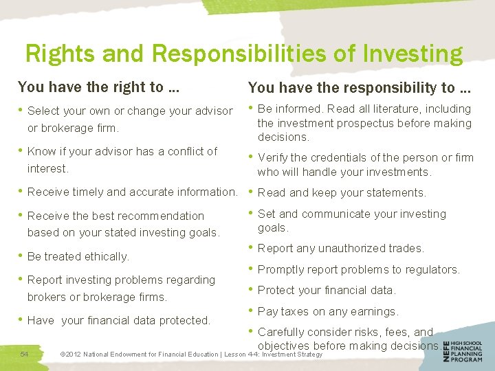 Rights and Responsibilities of Investing You have the right to … You have the