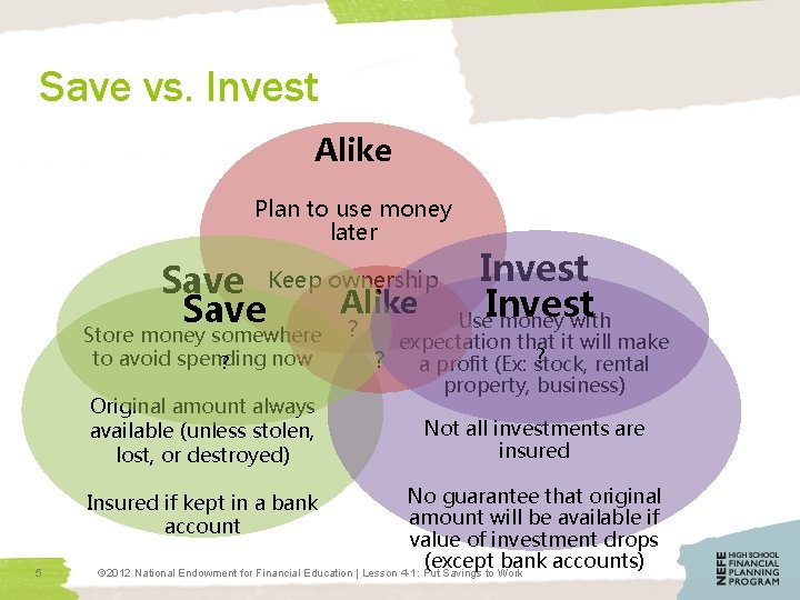 Save vs. Invest Alike Plan to use money later Save Keep ownership Alike Save